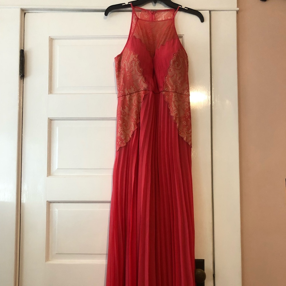 Betsy & Adam Pink Pleated Backless Prom Gown